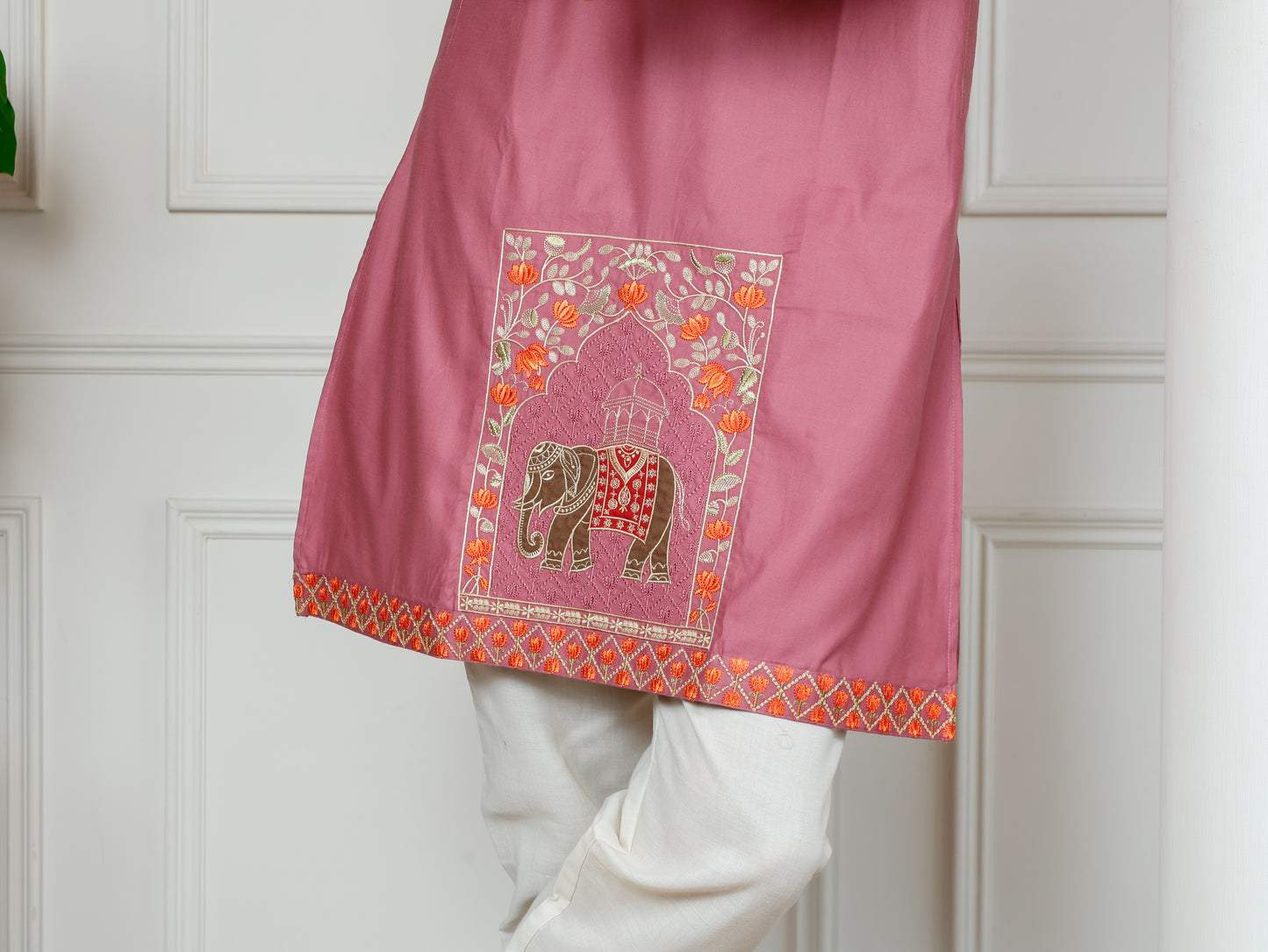 Elephant motif patckwork only kurta-Pink