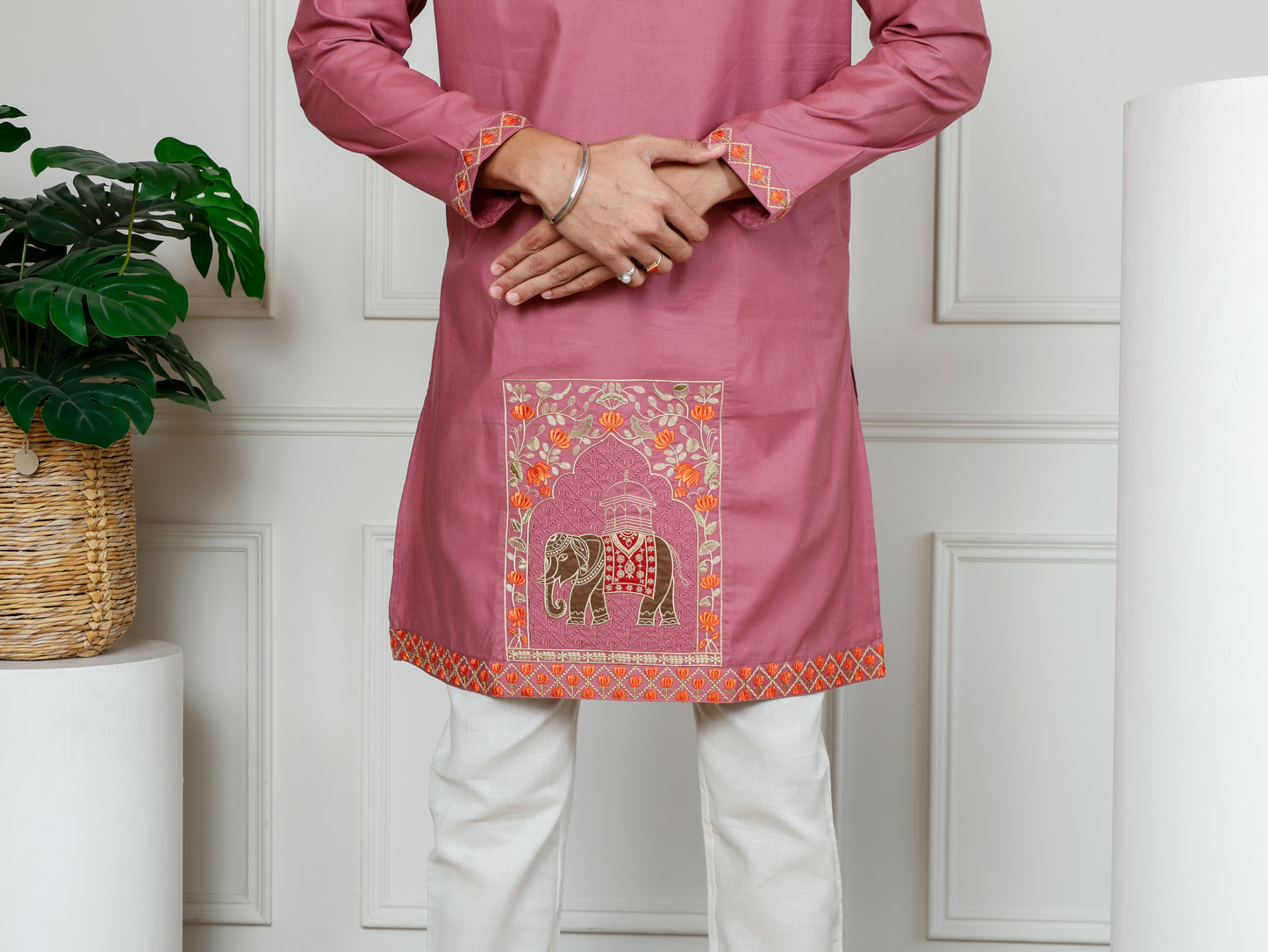 Elephant motif patckwork only kurta-Pink