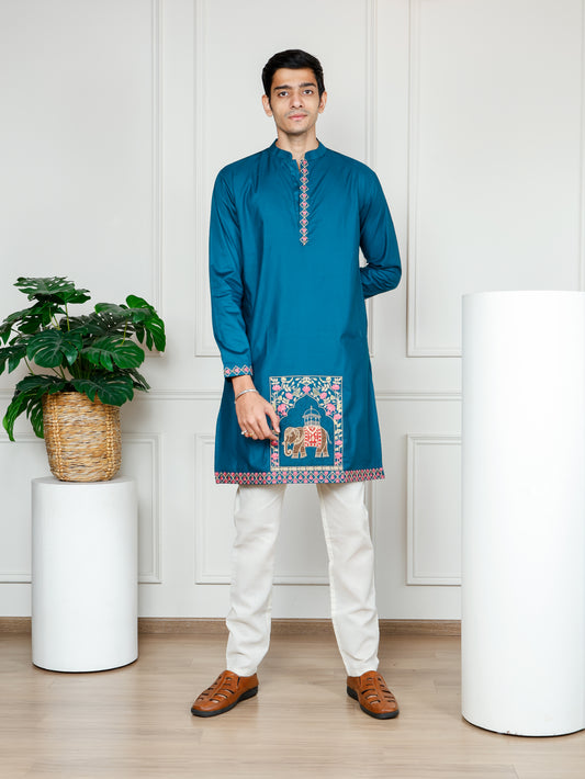Elephant motif patckwork only kurta-Teal Blue