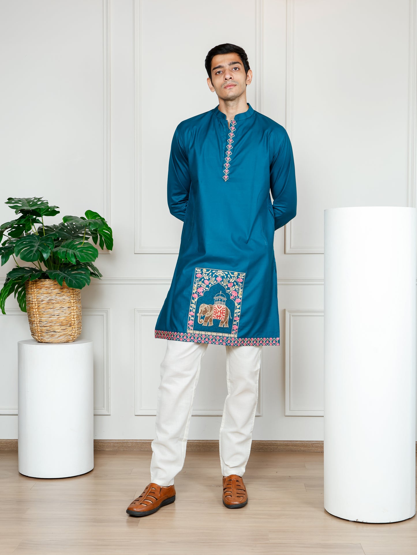 Elephant motif patckwork only kurta-Teal Blue