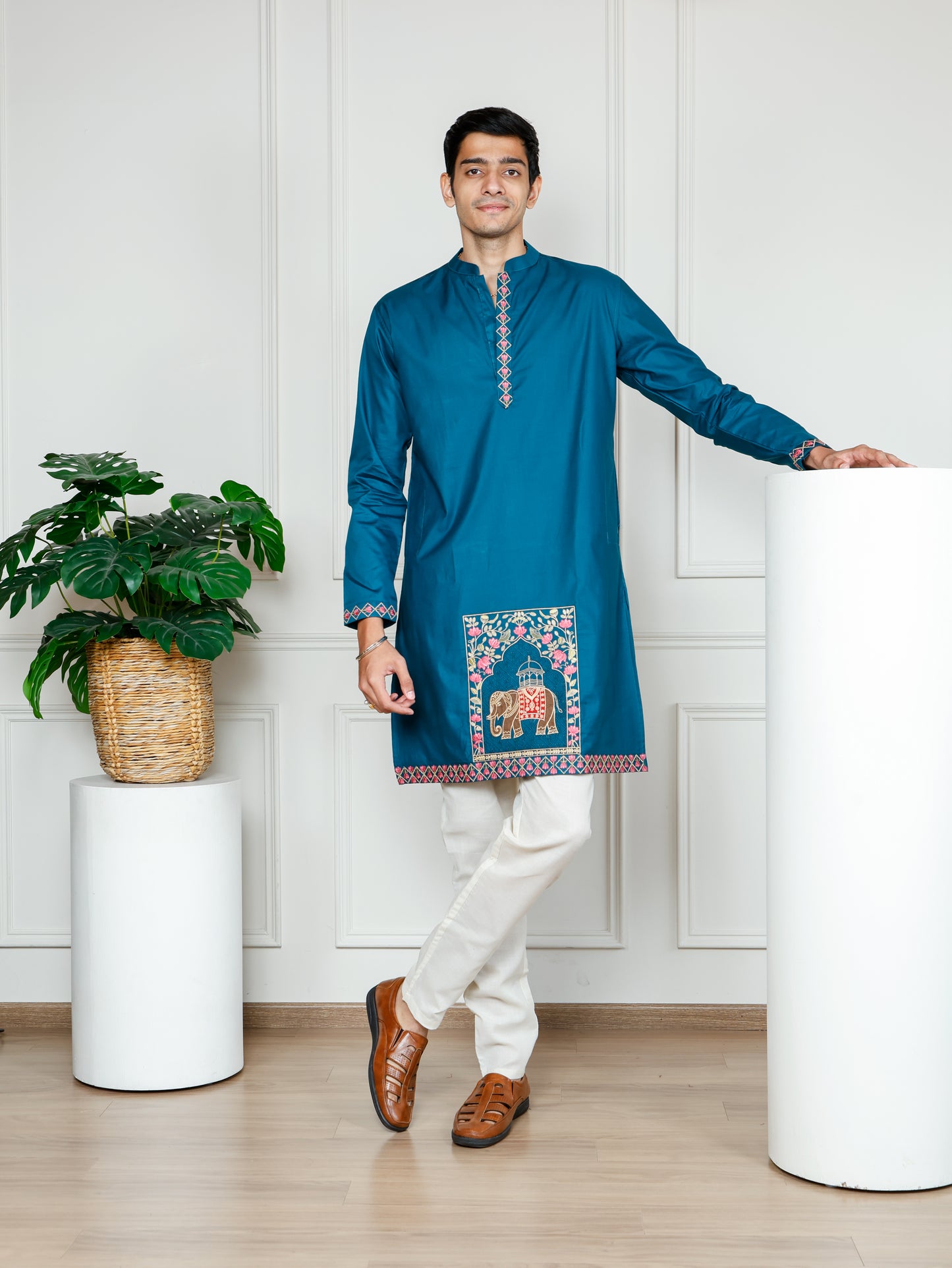 Elephant motif patckwork only kurta-Teal Blue