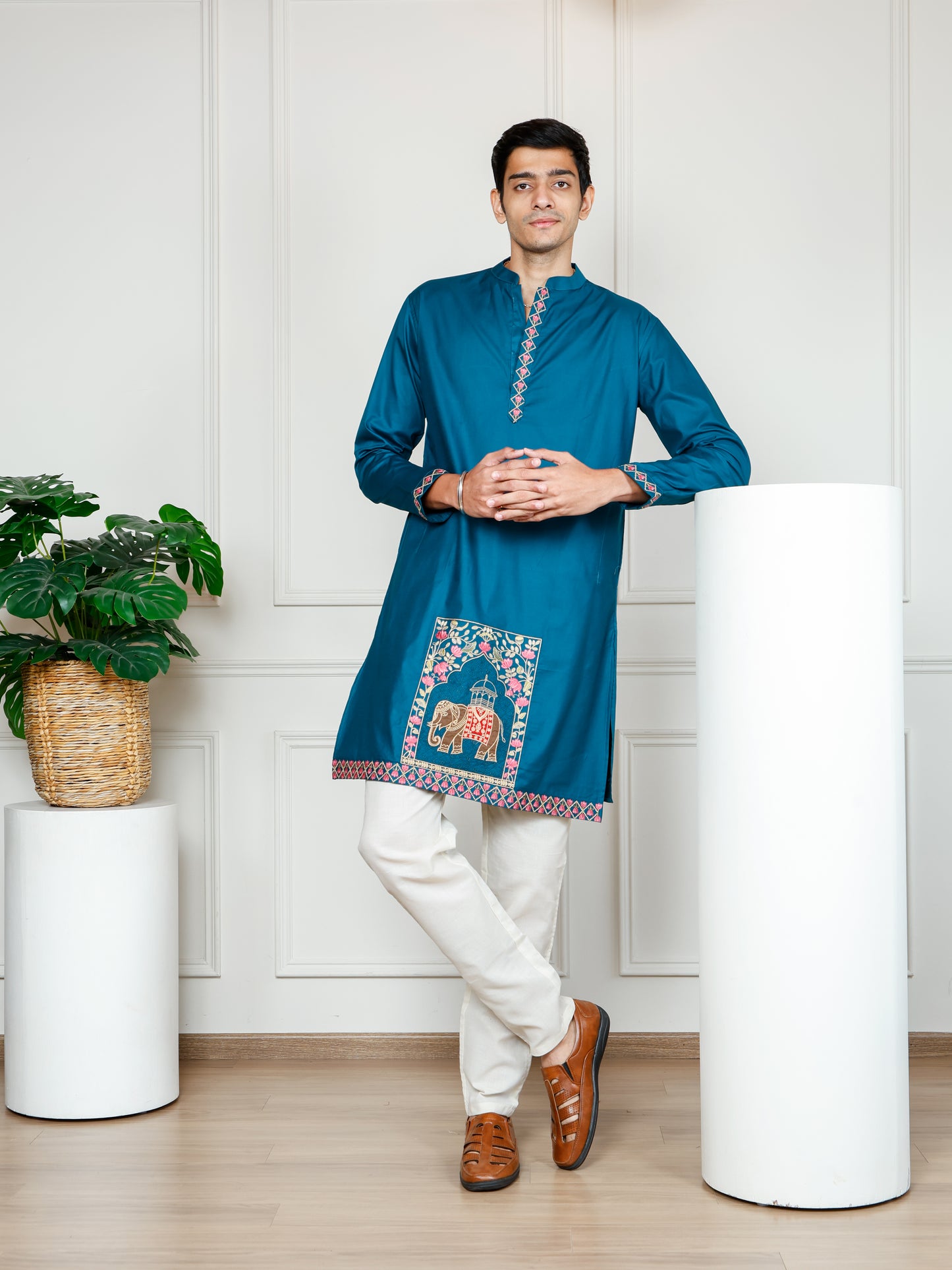 Elephant motif patckwork only kurta-Teal Blue