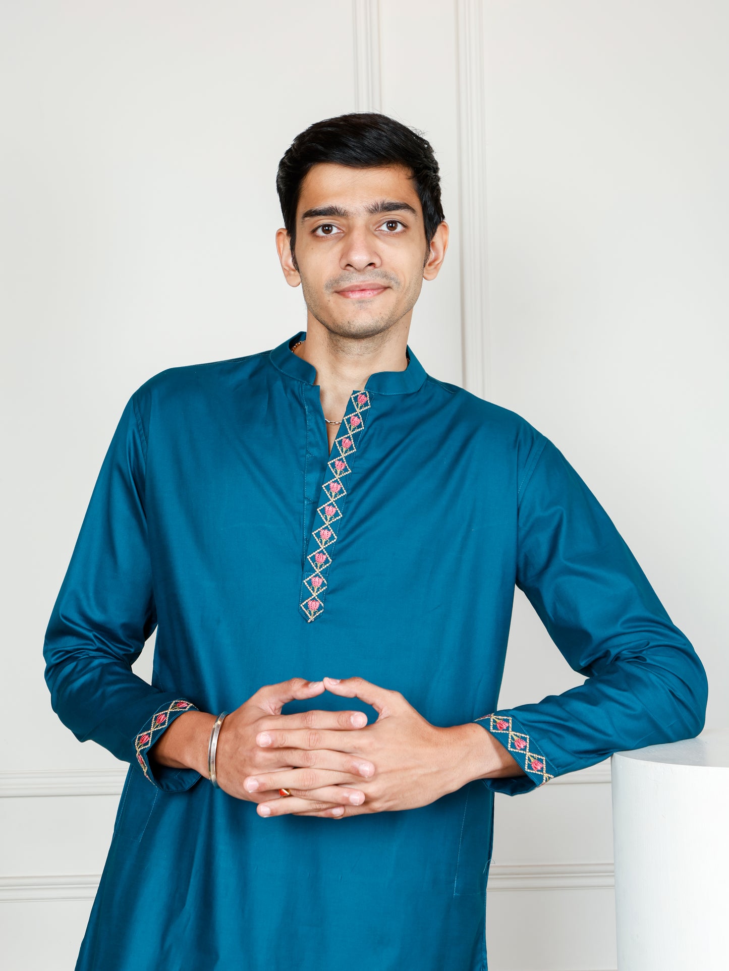 Elephant motif patckwork only kurta-Teal Blue