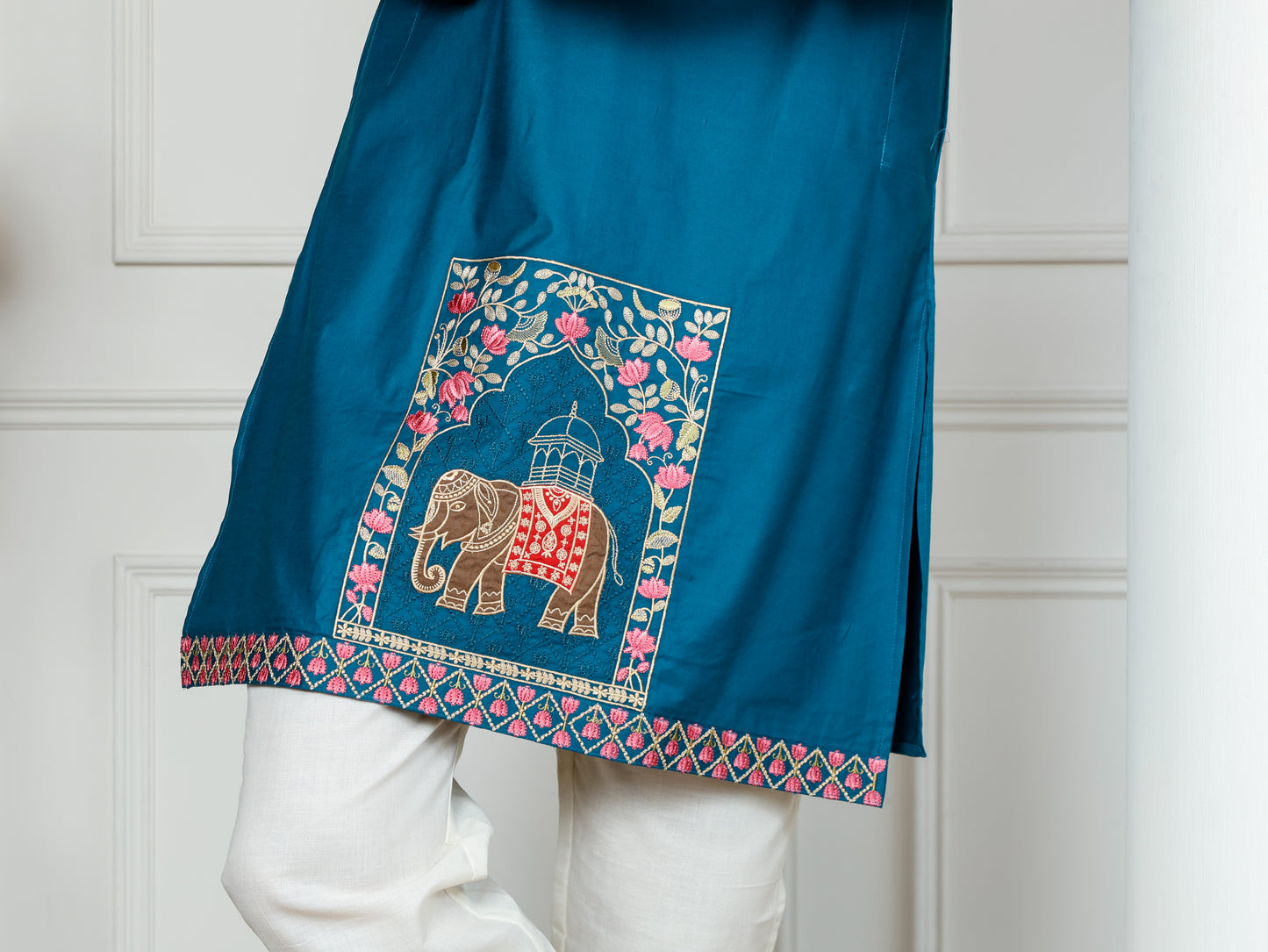 Elephant motif patckwork only kurta-Teal Blue