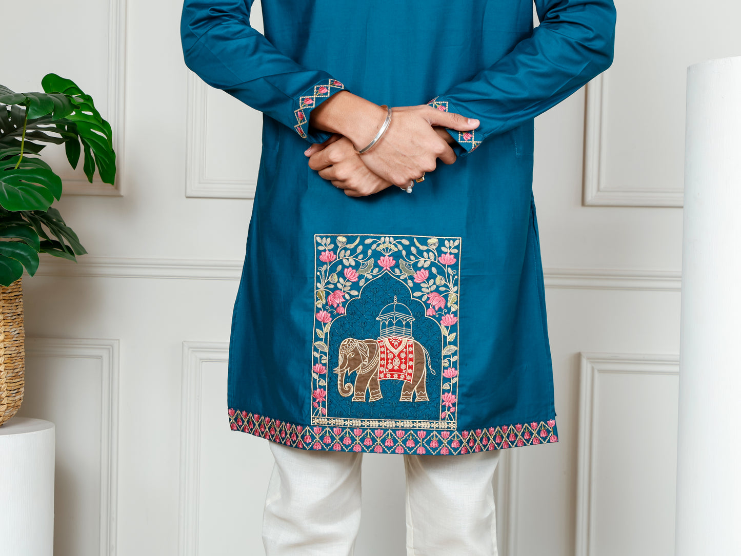 Elephant motif patckwork only kurta-Teal Blue