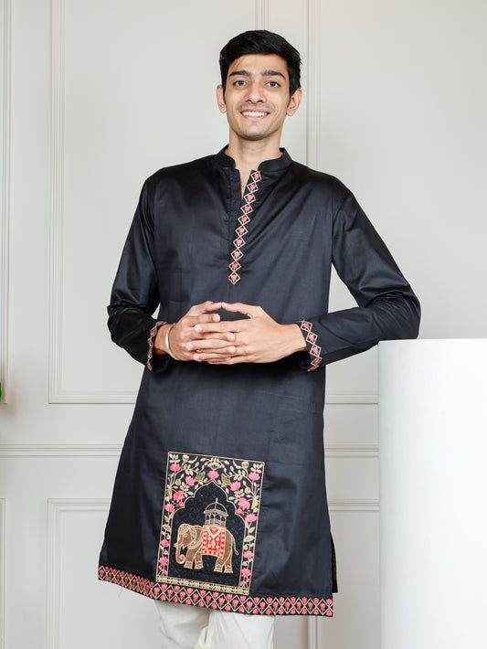 Elephant motif patckwork only kurta-Black