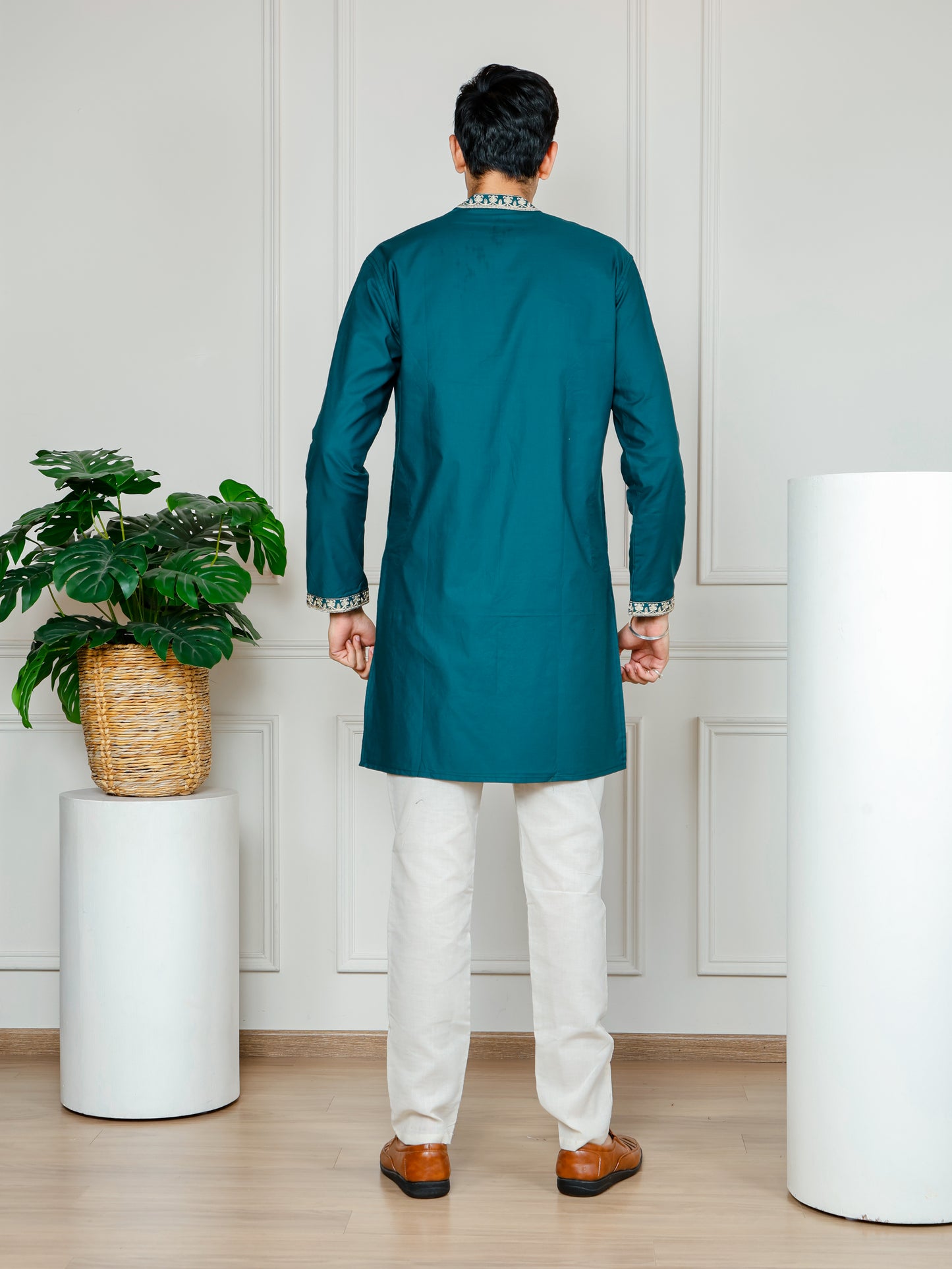 Royal Weave Kurta and Pant set- Teal Blue