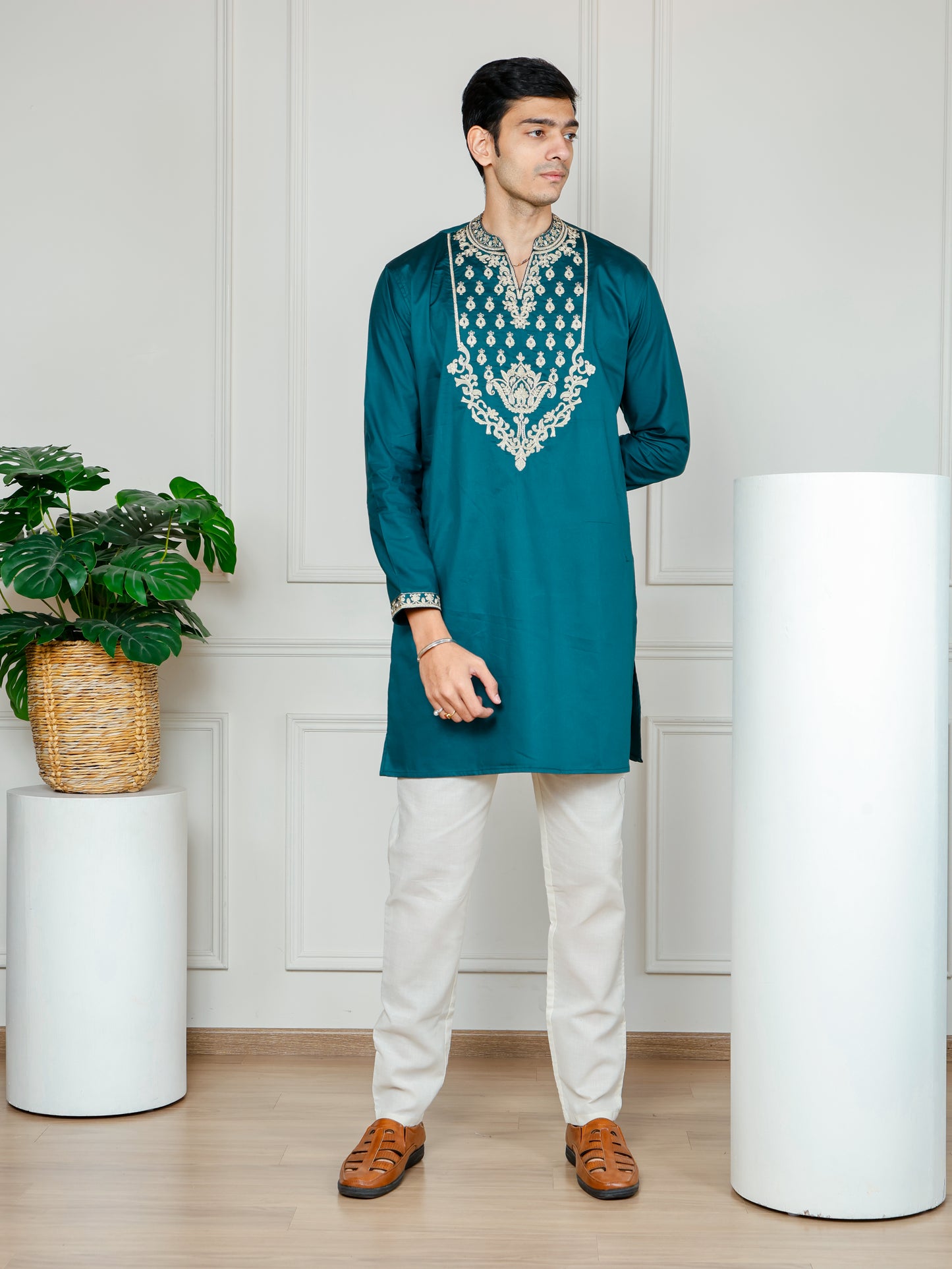 Royal Weave Kurta and Pant set- Teal Blue