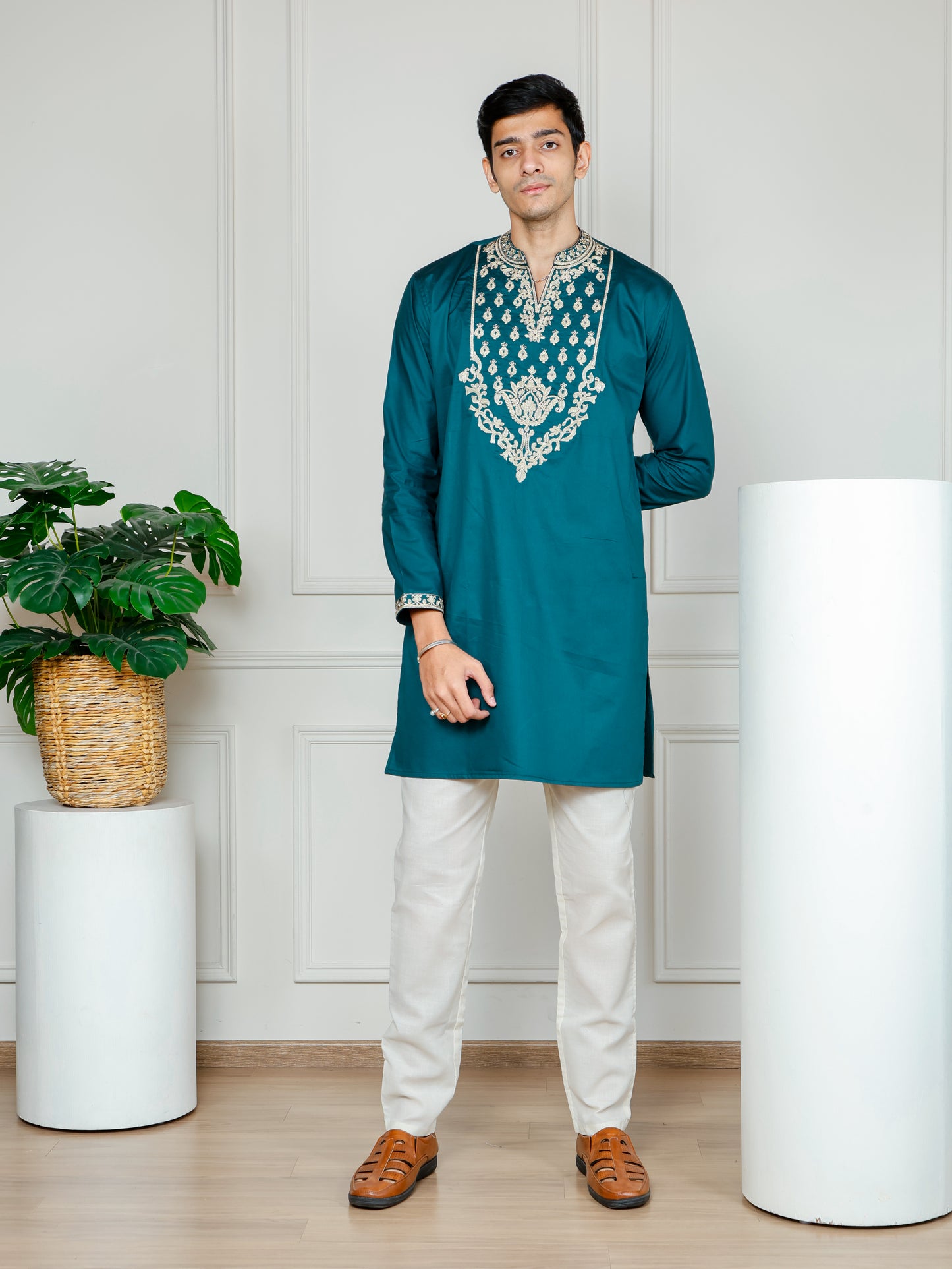 Royal Weave Kurta and Pant set- Teal Blue