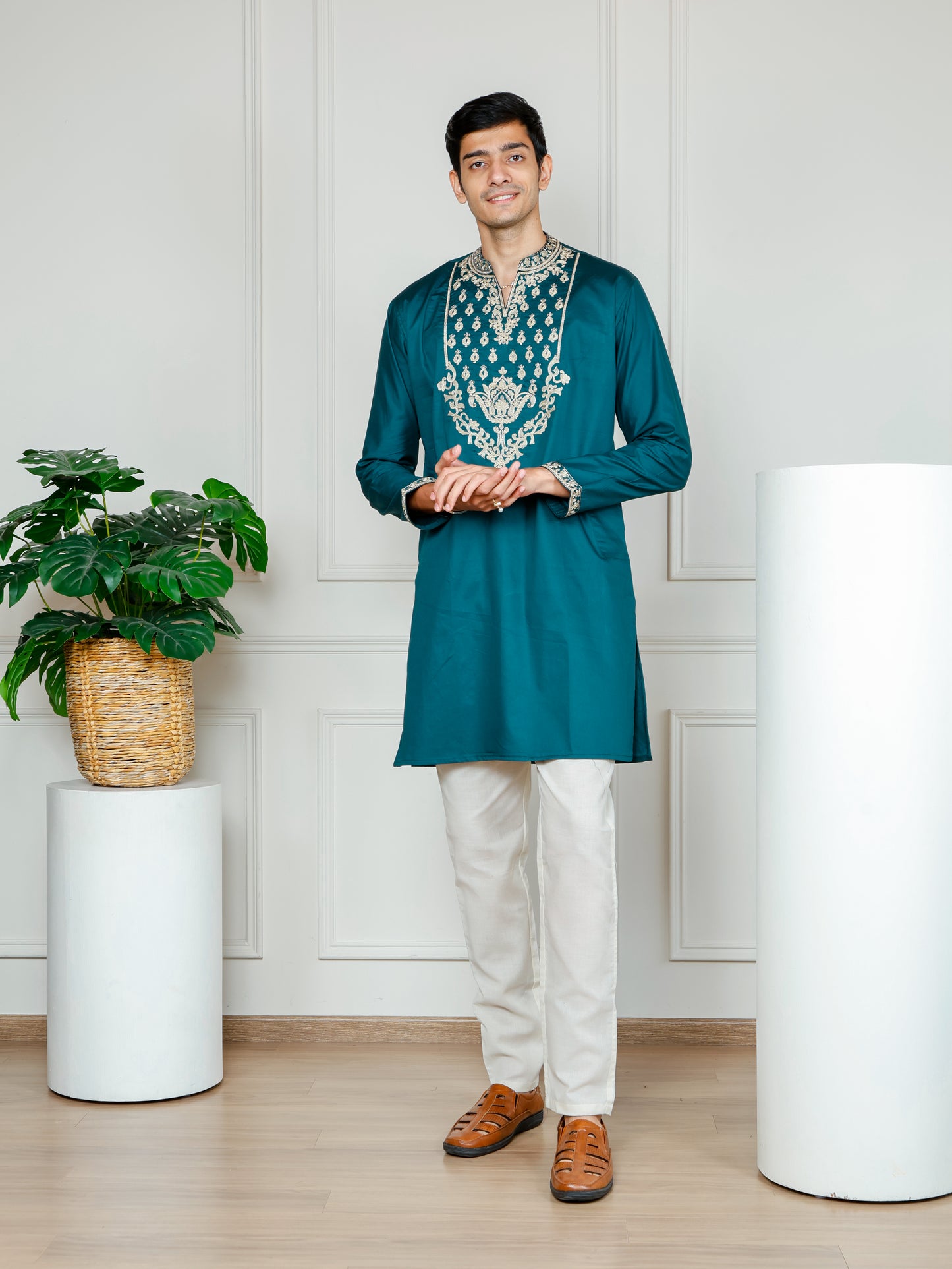 Royal Weave Kurta and Pant set- Teal Blue