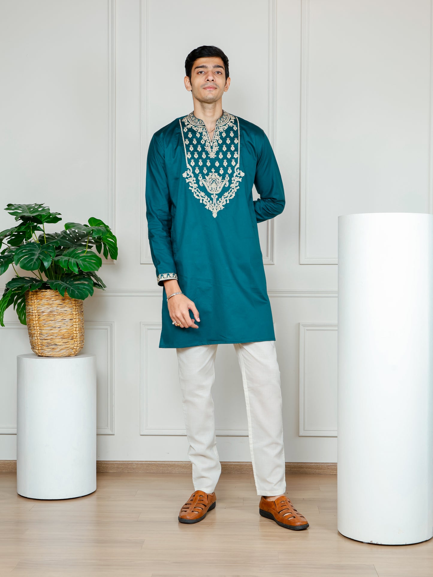 Royal Weave Kurta and Pant set- Teal Blue
