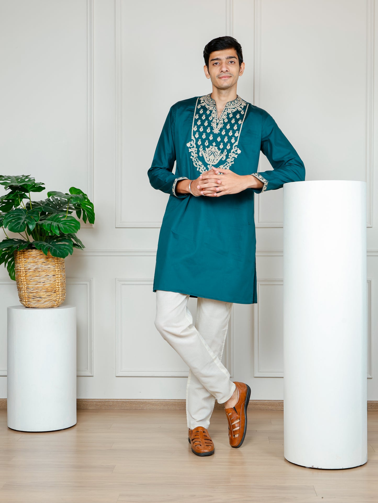 Royal Weave Kurta and Pant set- Teal Blue