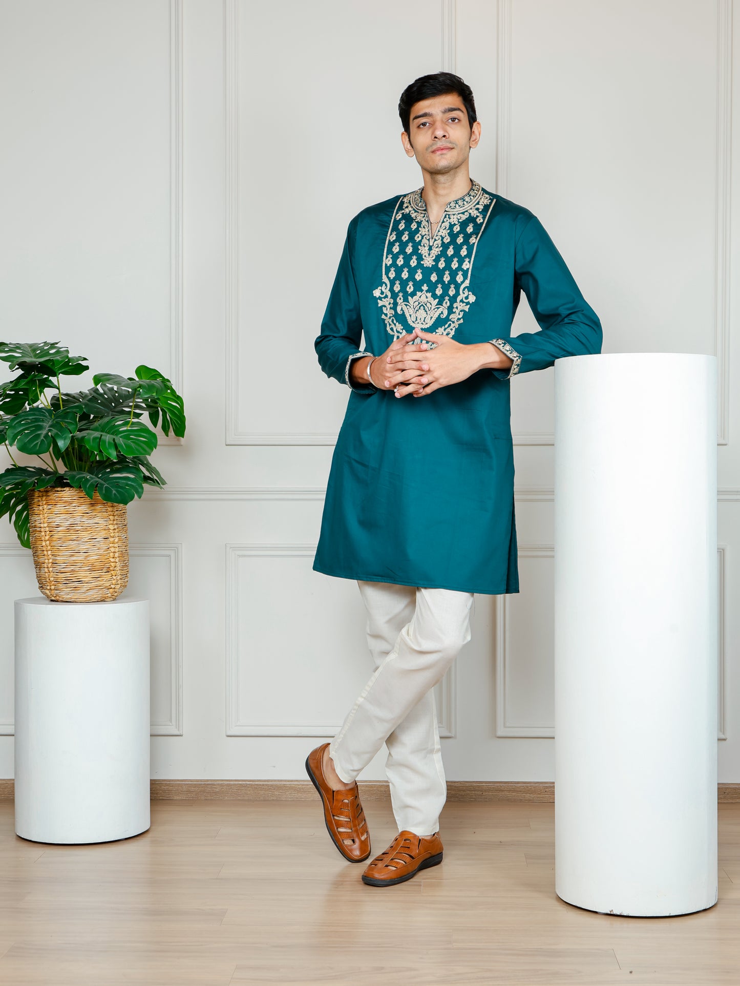 Royal Weave Kurta and Pant set- Teal Blue