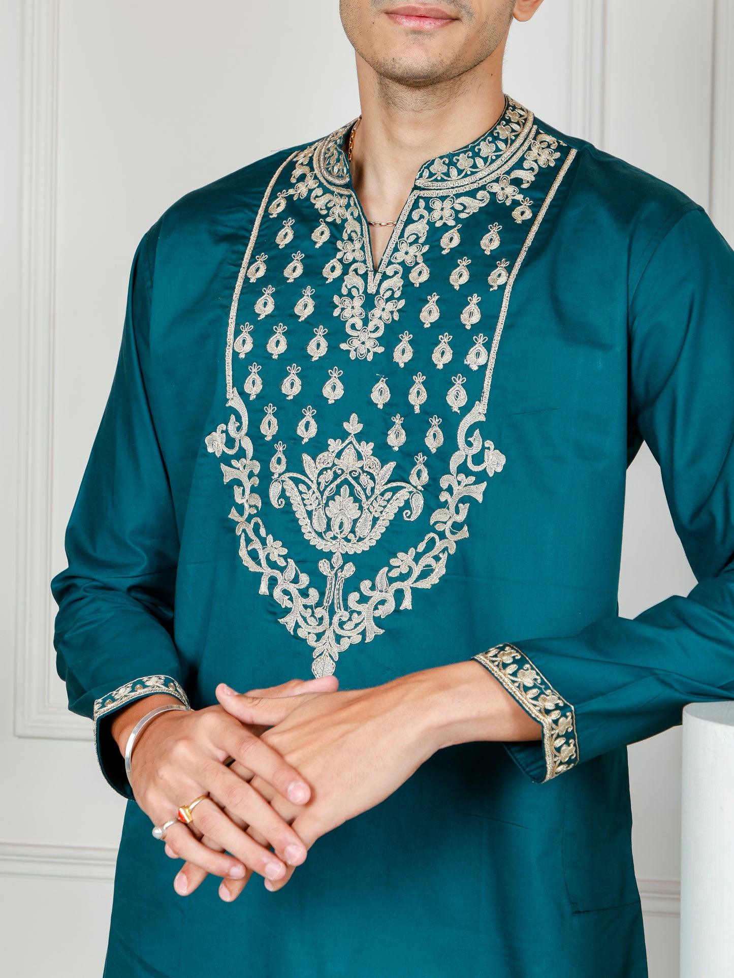 Royal Weave Kurta and Pant set- Teal Blue