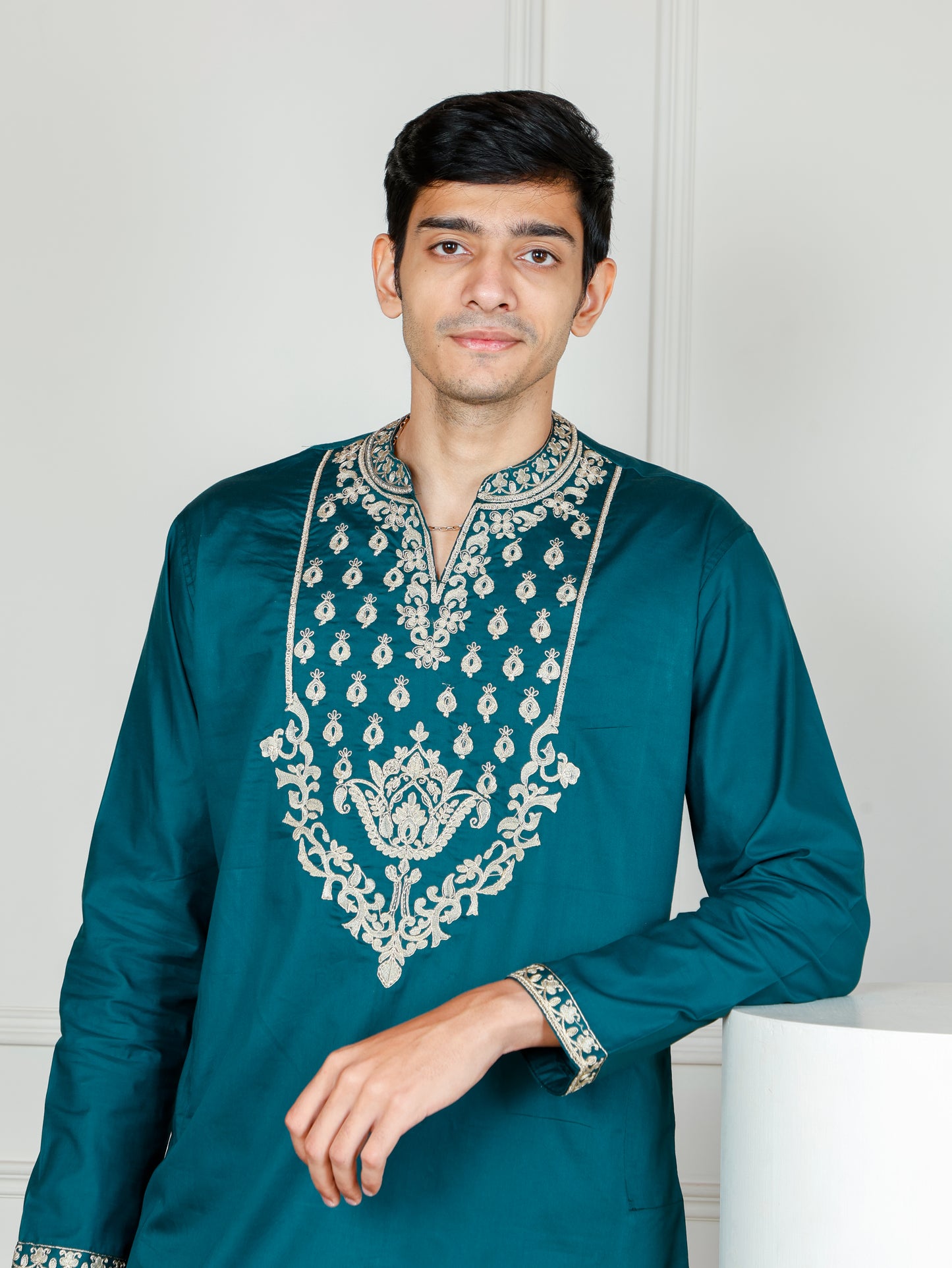 Royal Weave Kurta and Pant set- Teal Blue
