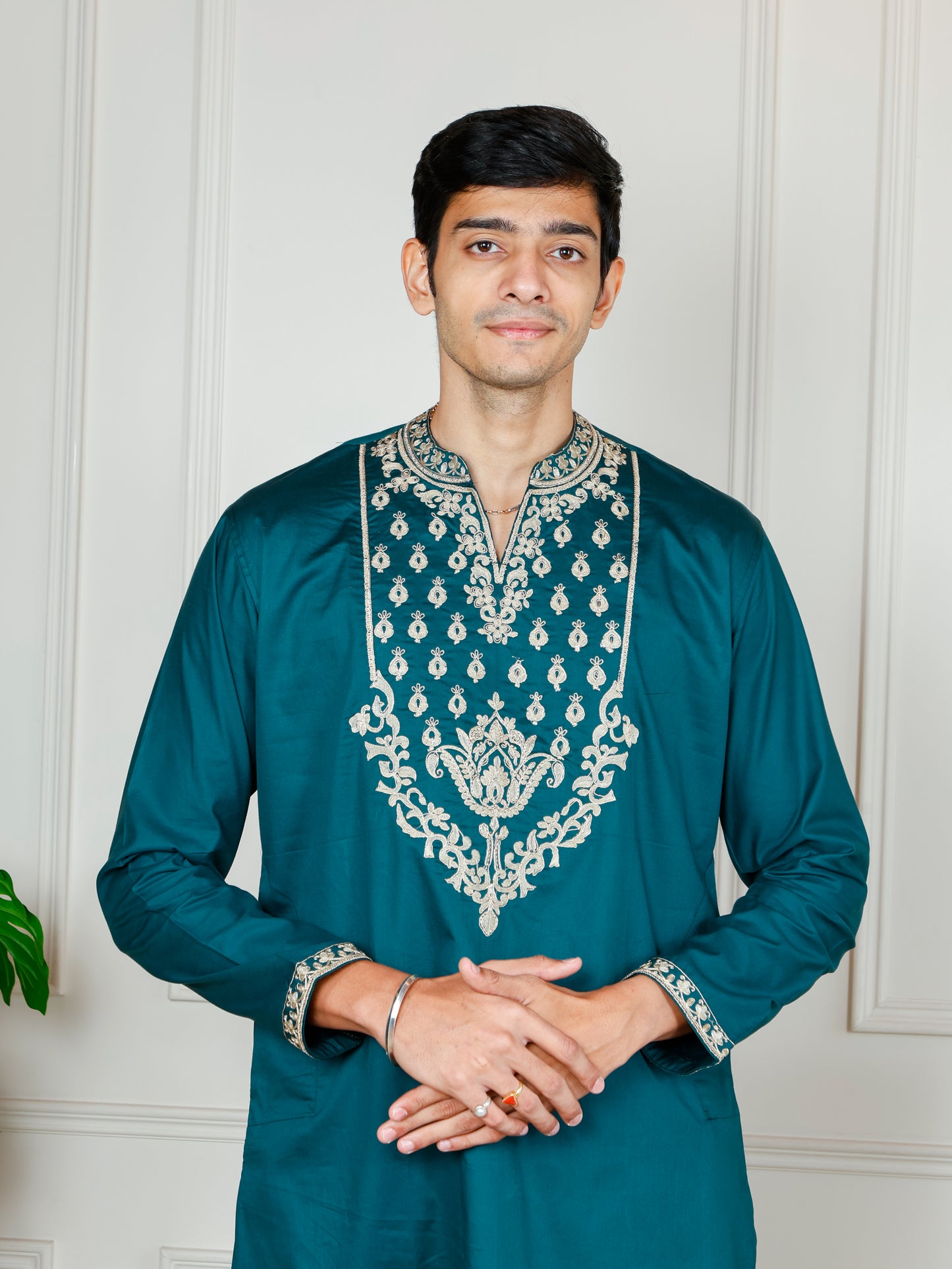 Royal Weave Kurta and Pant set- Teal Blue