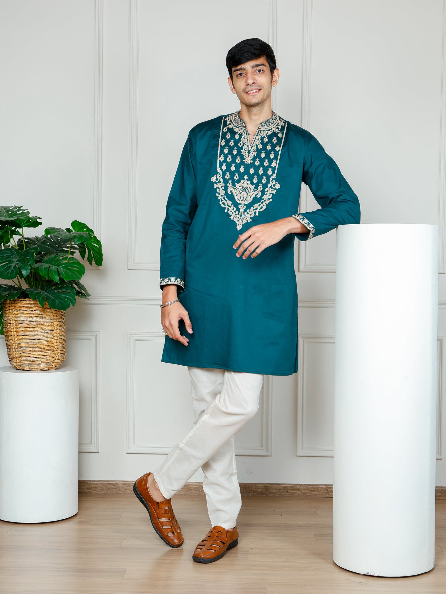 Royal Weave Kurta and Pant set- Teal Blue