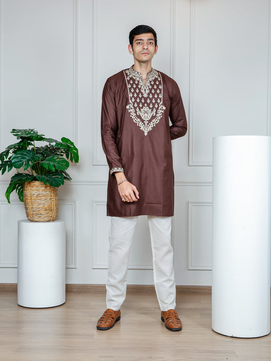 Royal Weave Kurta and Pant set- Walnut Brown