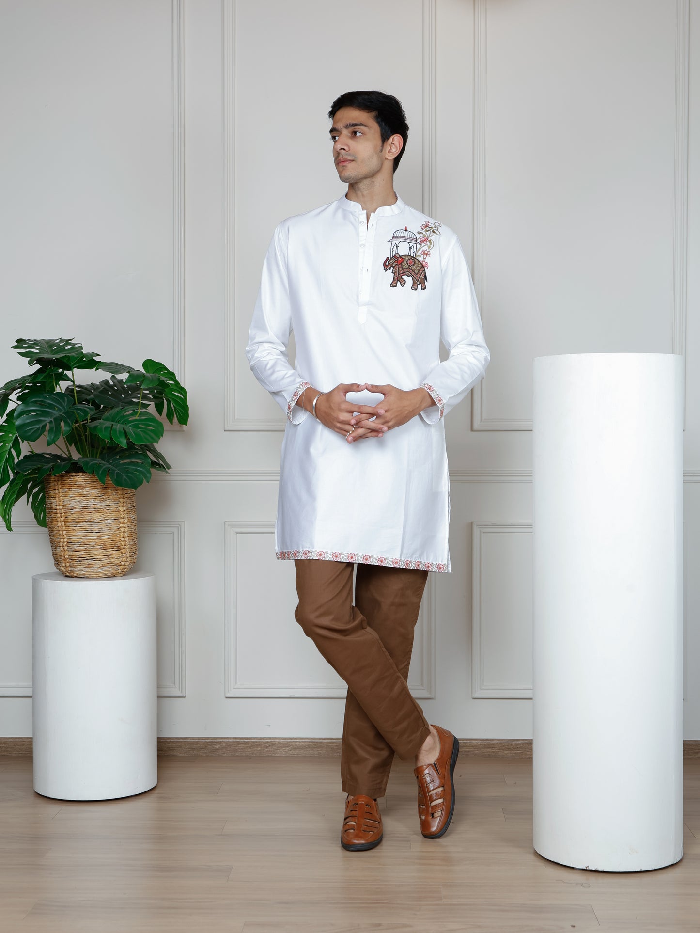 Ivory Elephant Embroidered only  Kurta