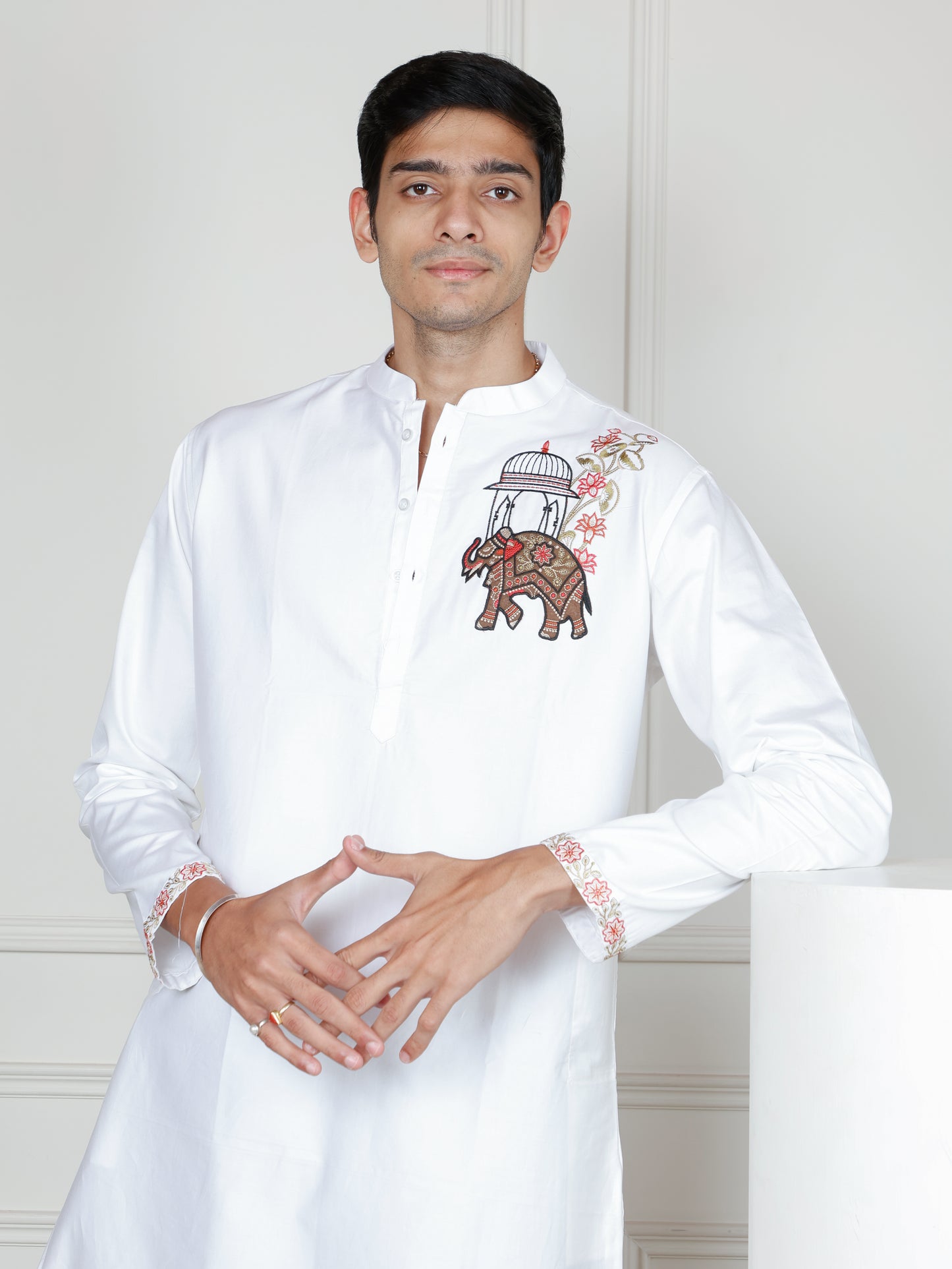 Ivory Elephant Embroidered only  Kurta