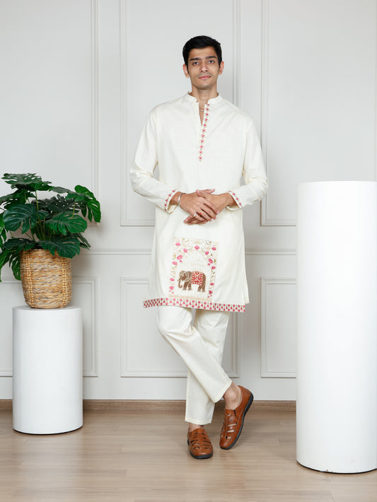 Elephant motif patchwork only kurta -Beige