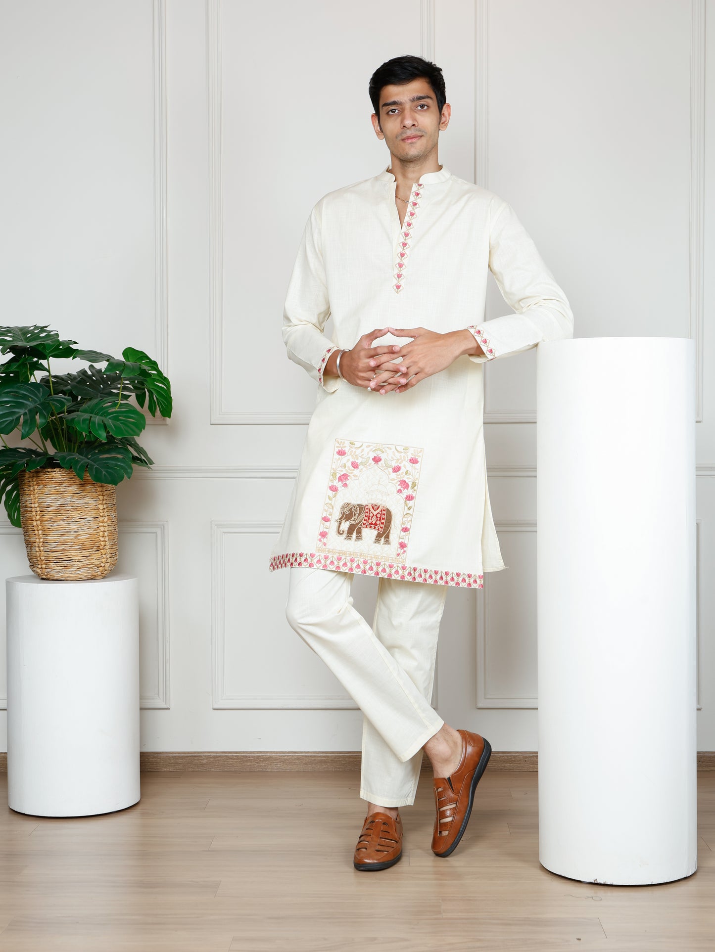 Elephant motif patchwork only kurta -Beige