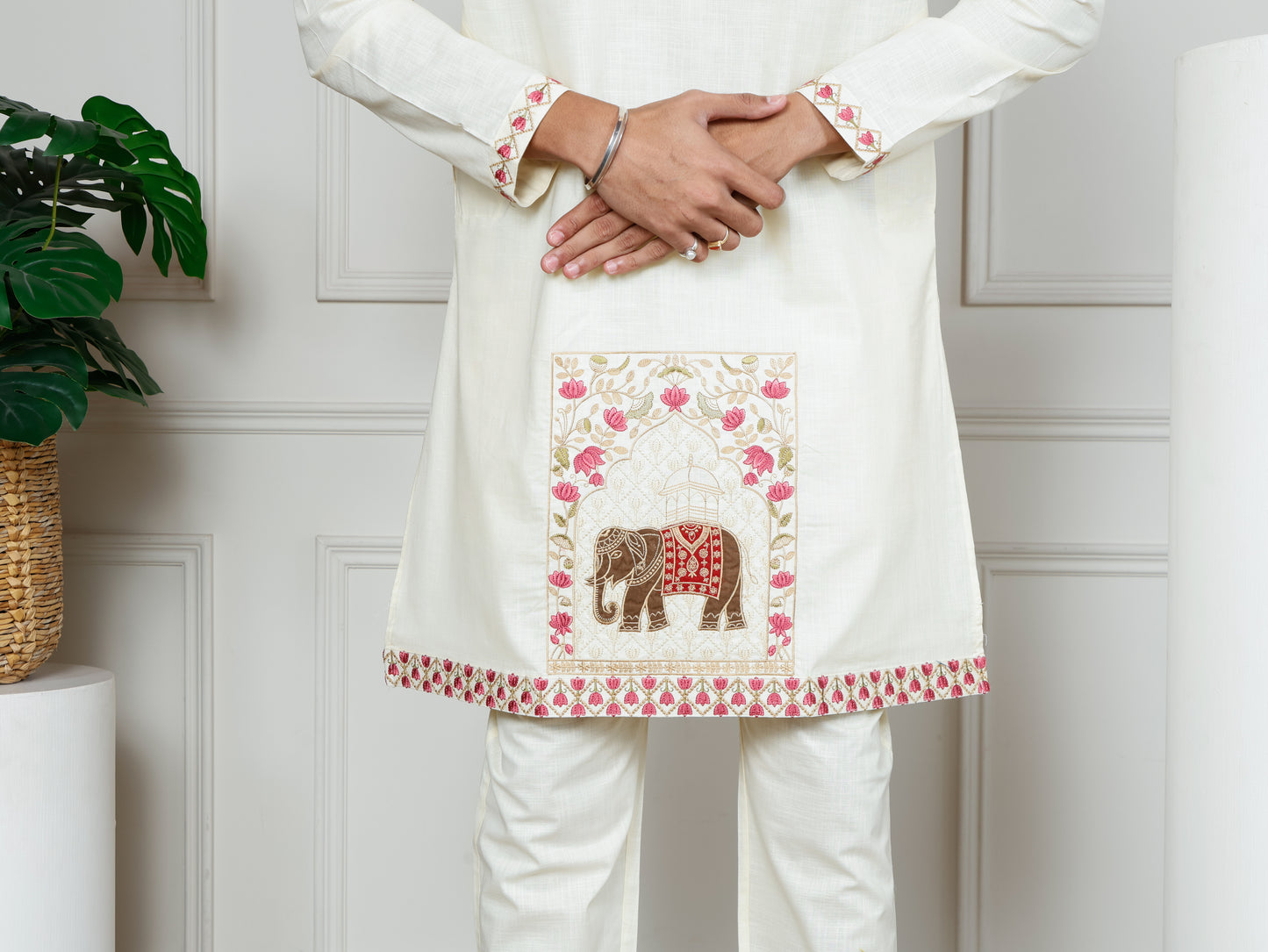 Elephant motif patchwork only kurta -Beige
