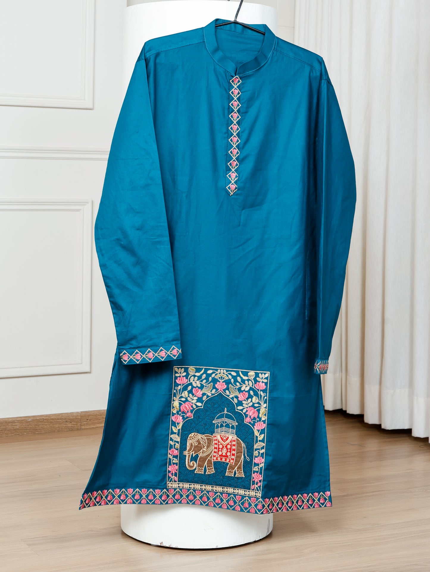 Elephant motif patckwork only kurta-Teal Blue
